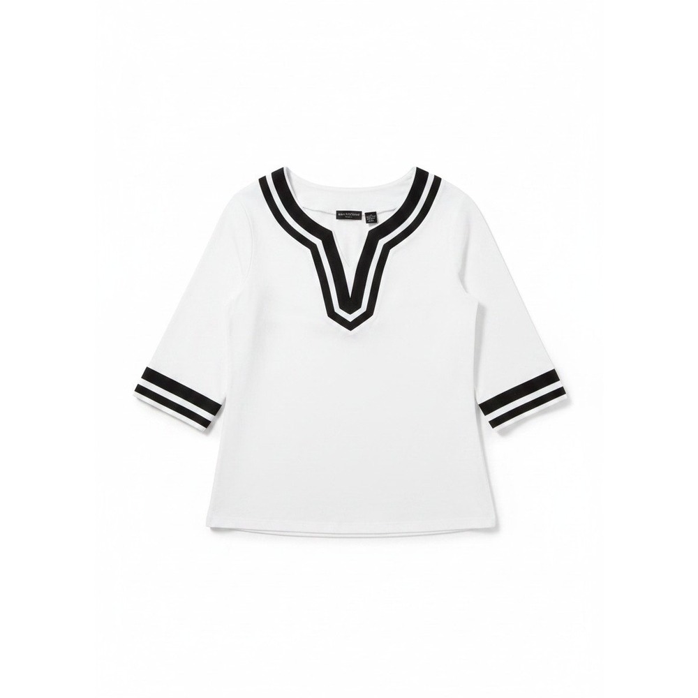 Bay Studio Plus White Black Striped V-Neck, 3/4 Sleeve Top, Women's 1X Tunic‎